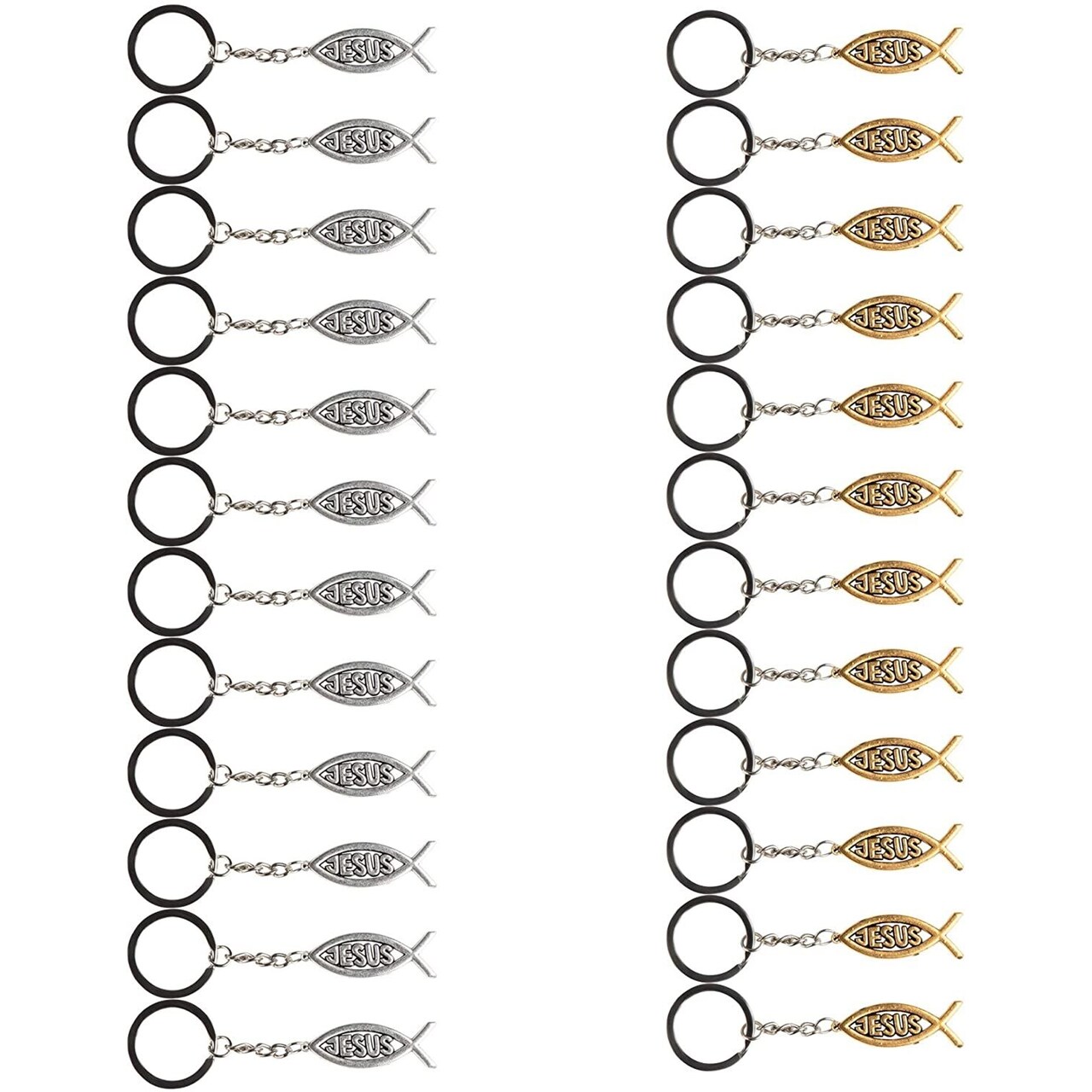 24 Pack Metal Jesus Fish Keychains, Christian Religious Gifts for Women and Men, Bulk Key Rings for Easter Party, Family Reunion Favors (Silver and Gold-Colored)